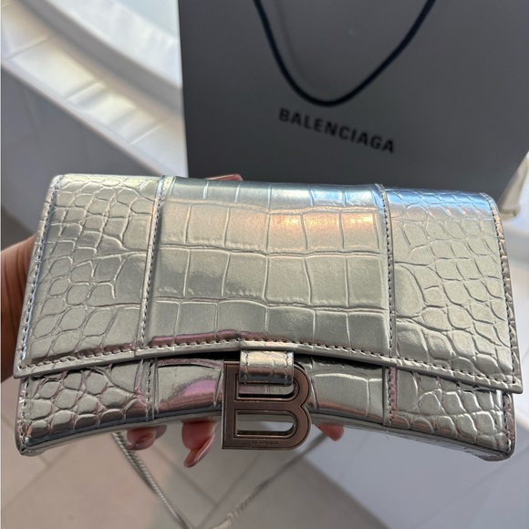 Balenciaga Handbags - Balenciaga Metallic Silver Croc-Embossed Clutch